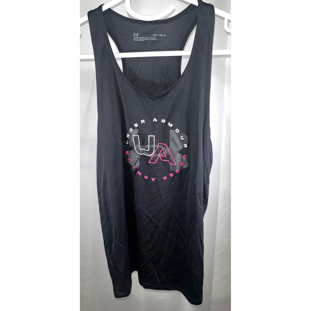 Under Armour Girls Tank Top Black Pink Logo Racerback Athletic Shirt YLG Large